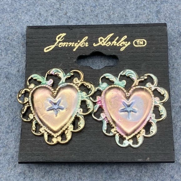 Jennifer Ashley Clip On Earrings Iridescent Heart Star Scalloped Retro Vintage - Picture 2 of 6